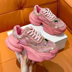 7.5cm Summer Luxury Designer Women Daddy Rhinestone Sneakers Thick Bottoms Mesh Pink Sweet Ladies Tenis Platform Shoes Spring