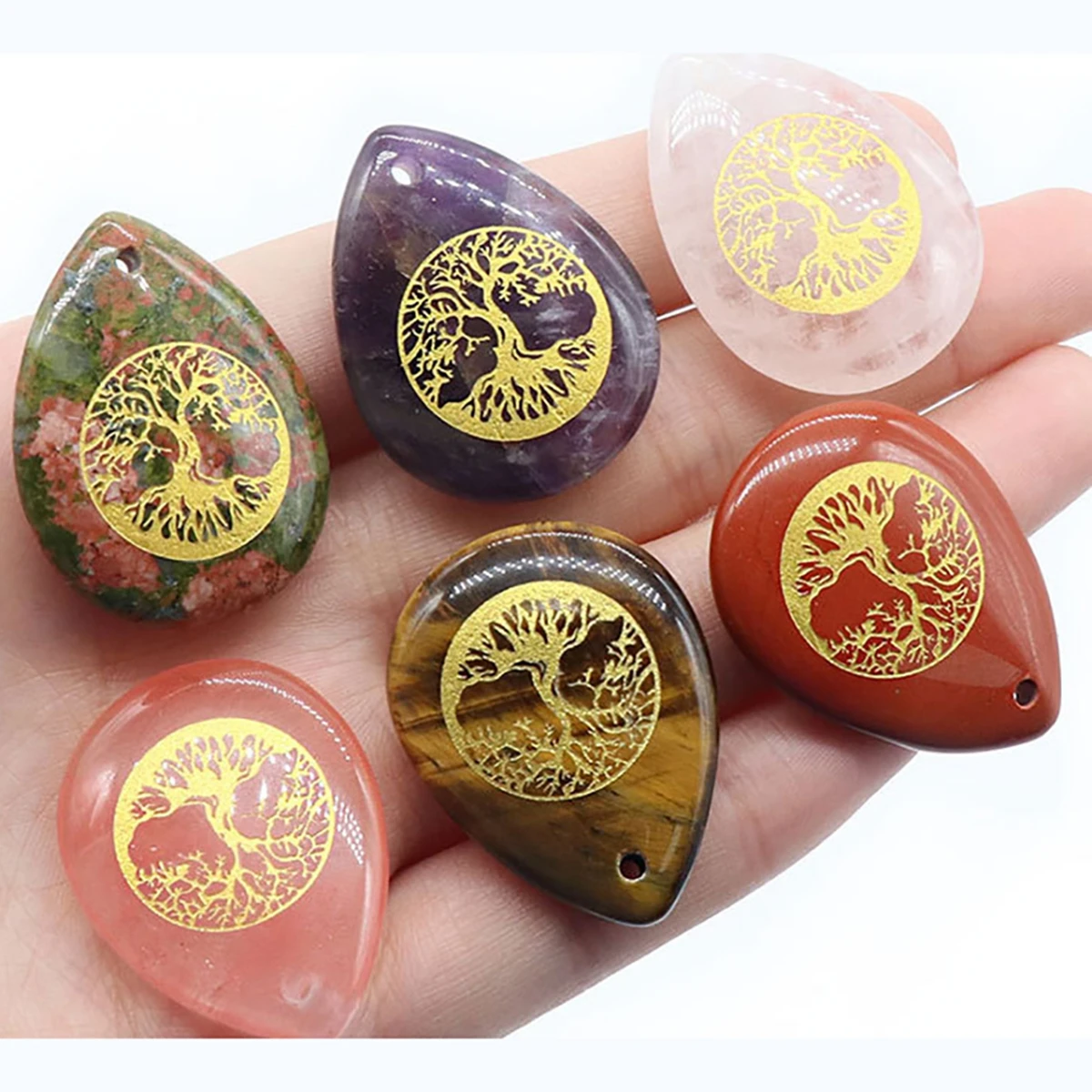 Life of tree Chakra Teardrop Gemstone 25x33MM Palm Worry Stone Therapy Geometry Healing Coin Reiki Donut Energy Quartz Crystal