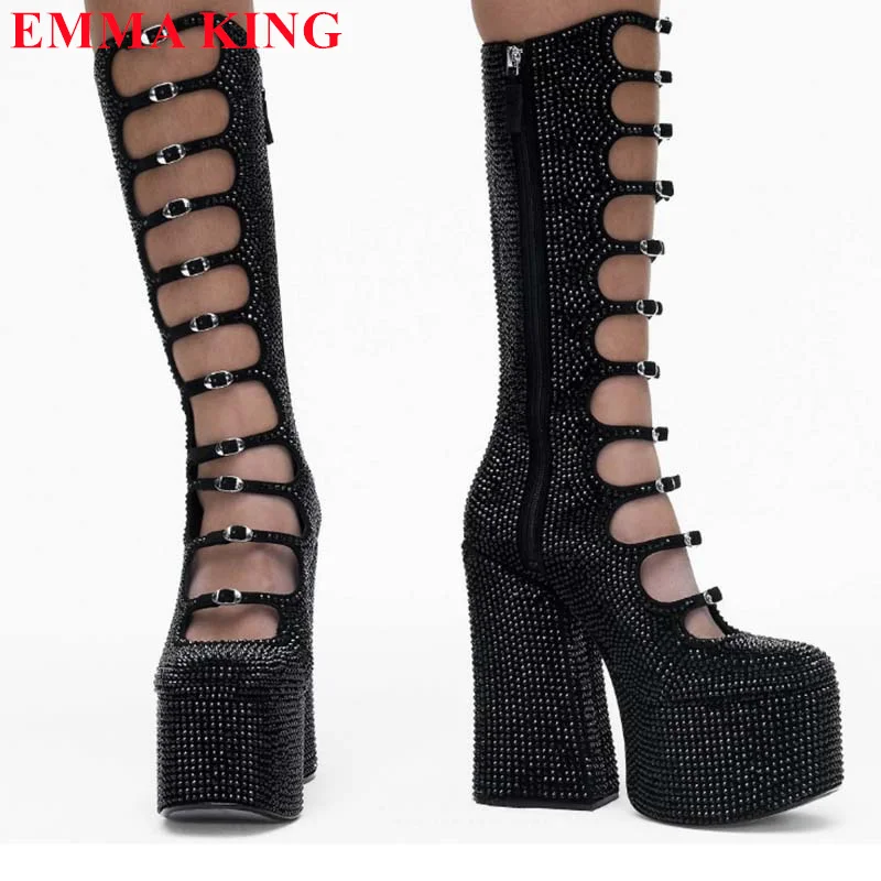 

Sexy Black Rhinestone Buckle Strap Mid Calf Boots Women Hollow Out Platform Boots Chunky High Heels Party Nightclub Shoes Woman