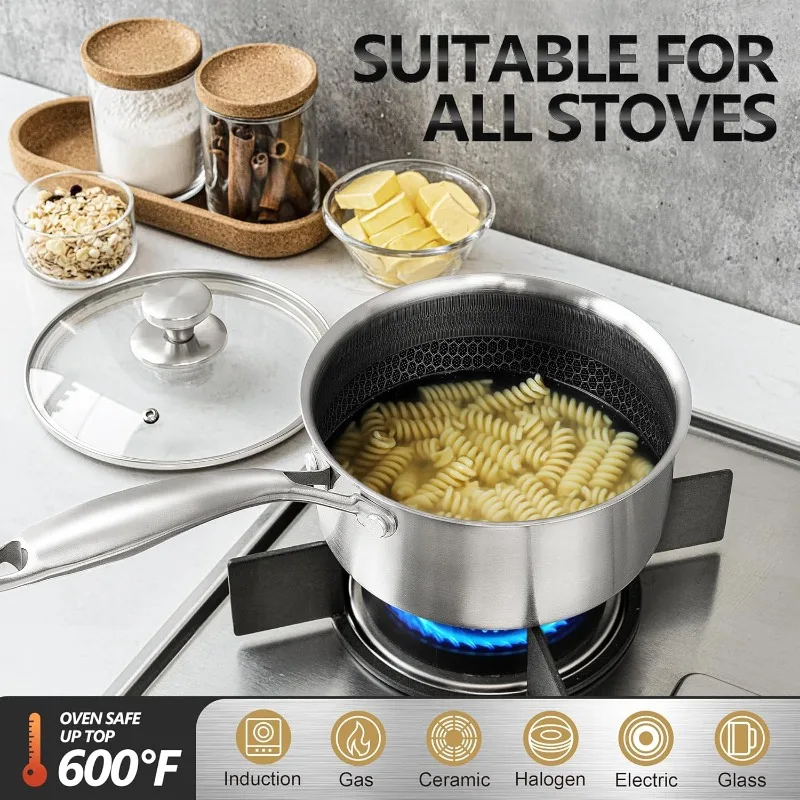

6pcs Steel Saucepan Set 1QT & 2QT & 3QT, Premium Triple Ply Sauce Pan with Lid, Sauce Pot with Honeycomb Interior