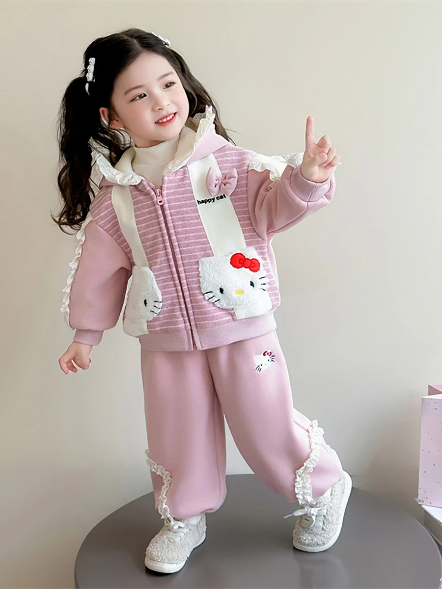 

Hello Kitty Two-piece Set for Girls Winter New Children Hooded Cartoon Long Sleeve Coat Casual Loose Pink Sweet Jogger Pants