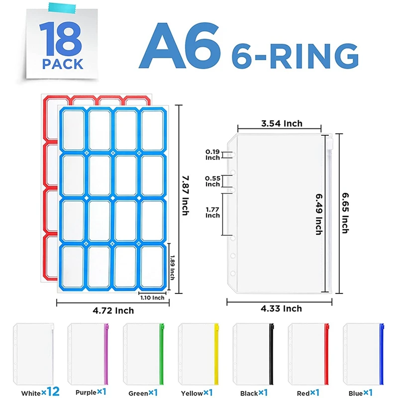 18 PCS A6 Binder Pockets 6-Ring A6 Zipper Pouch For Budget Binder, Waterproof Plastic Envelope Folders Pouch Bags