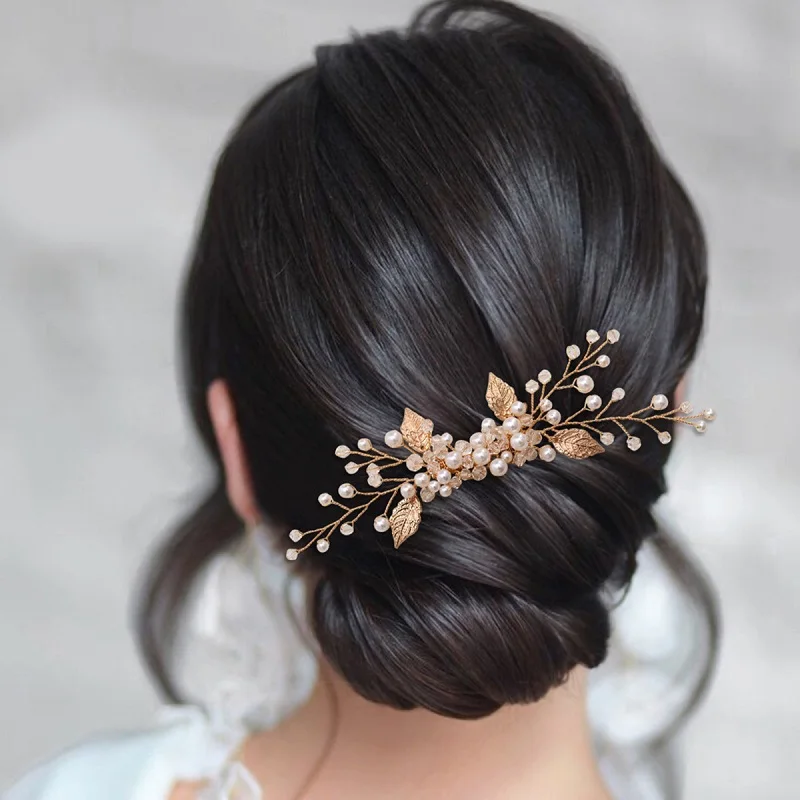 Pearl Flower Hairpin Gold Color Leaf Shaped Alloy Tiaras Wedding Bride Hair Combs Hair Jewelry Accessories Bride Headwear