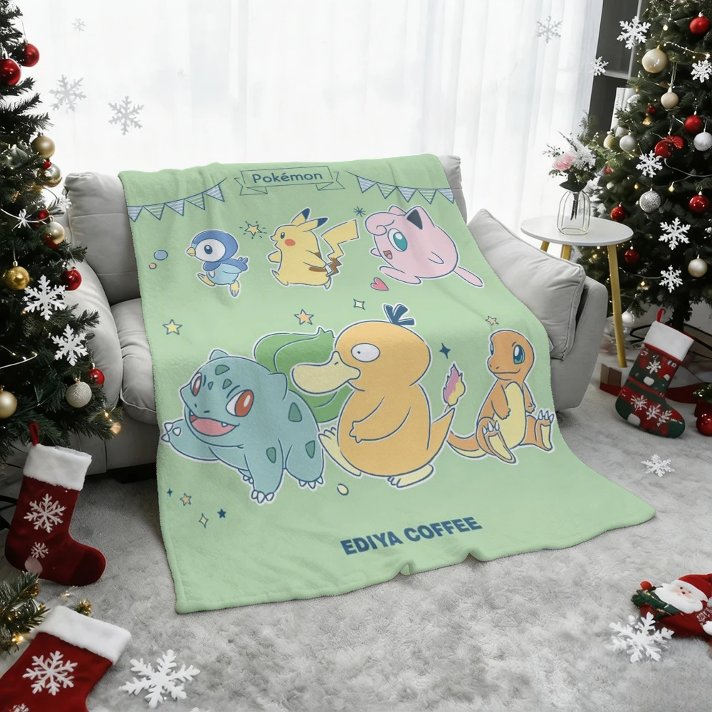 Pokemon Pikachu Gengar Bulbasaur Charmander Squirtle Psyduck Flannel Throw Blanket Soft Warm Blanket for Sofa Bed Home Decor Gif