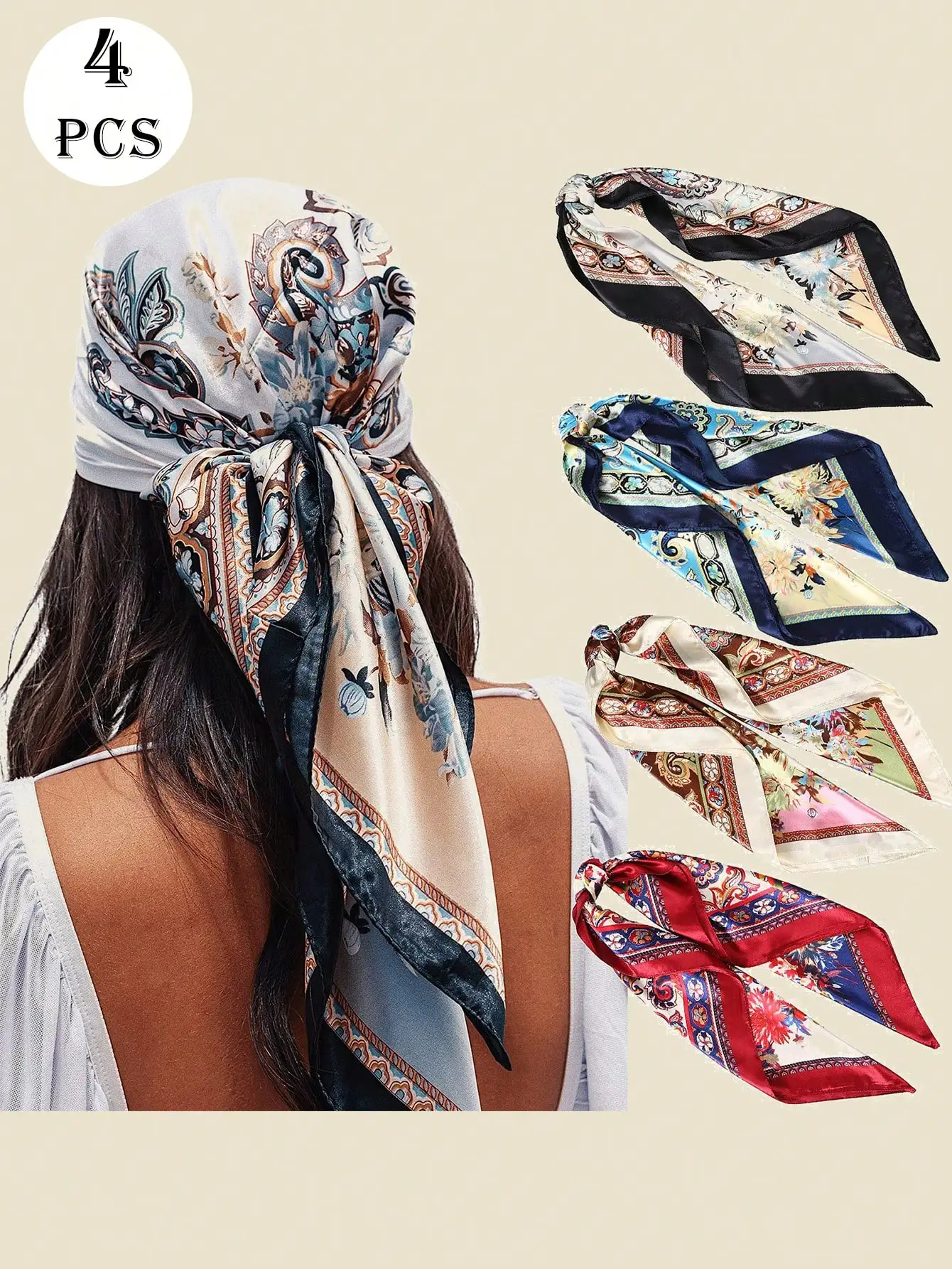 

4 шт. атласные большие квадратные шарфы на голову, 35-дюймовый шейный шарф для сна, атласные шарфы для женщин
