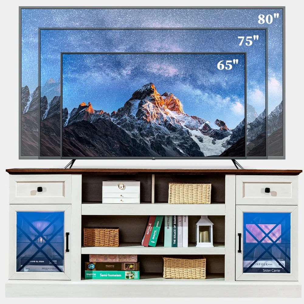 طاولة حامل تلفزيون مزرعة 70 بوصة لتلفزيون 75 80 بوصة، مركز ترفيه حديث مع أضواء LED وأبواب زجاجية، تلفزيون خشبي أبيض