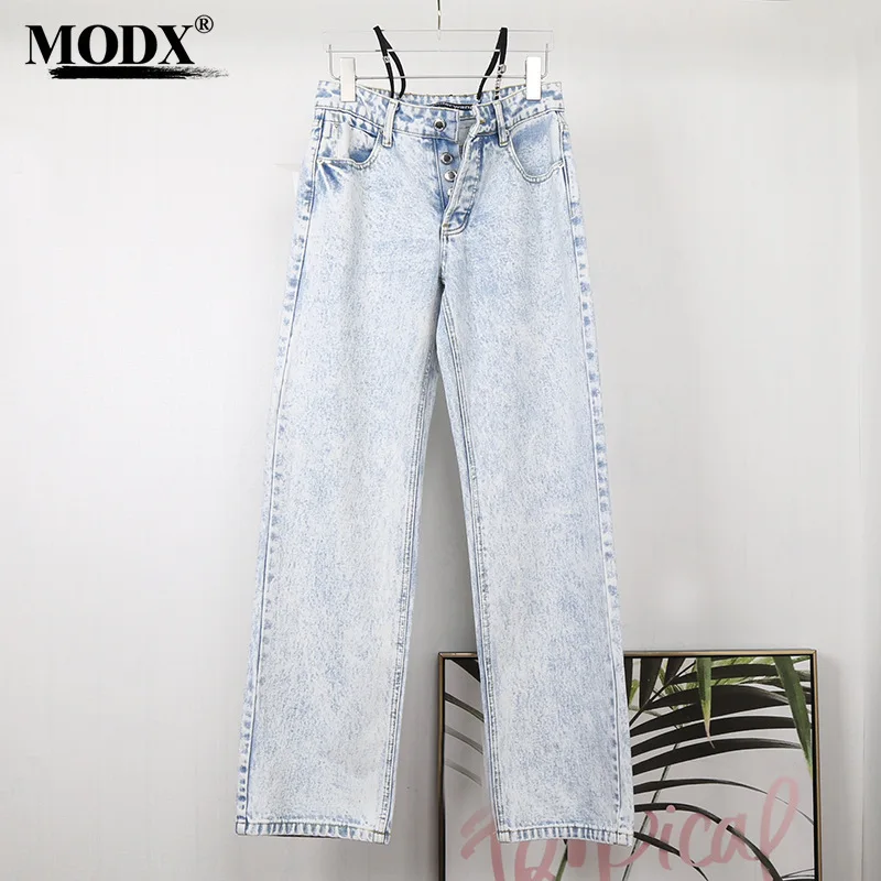 [MODX] New Style Jeans, Female Sexy Suspender, Splicing, Fake Two-piece Straight Leg Pants, Spicy Girl