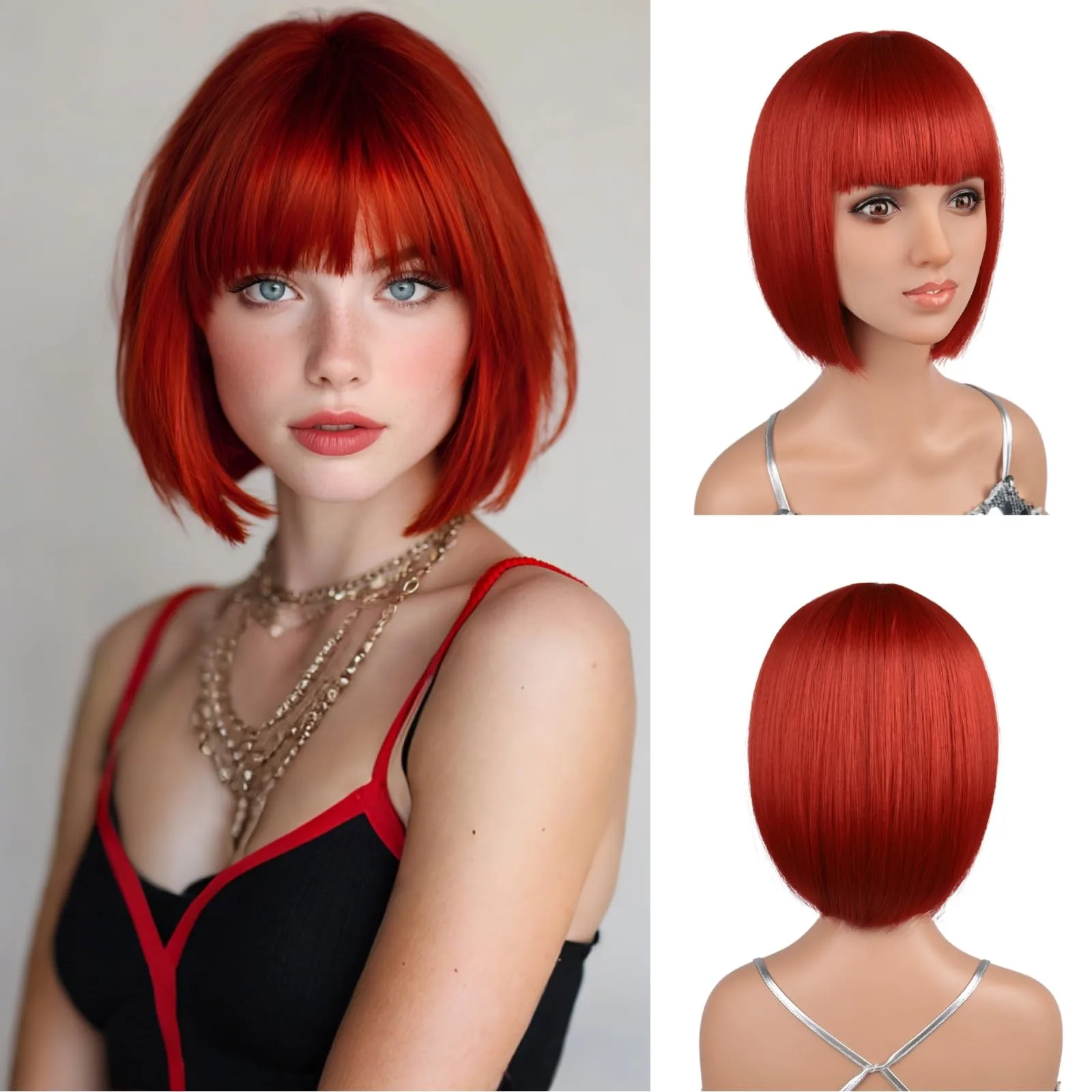 Red short bob-style synthetic wig for Halloween cosplay, role-playing, daily party or party wear. Hot wire wig headband.