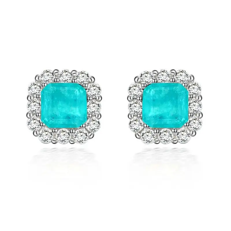 Orecchini a bottone con zirconi cubici Paraiba blu taglio principessa quadrato in argento Sterling 925 per regalo di gioielleria raffinata da donna all'ingrosso