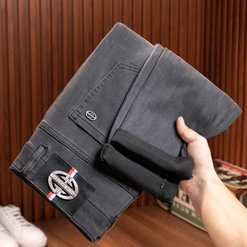 Pantalones vaqueros informales de lujo para hombre, Jeans grises de alta gama, ajustados, rectos y pequeños que combinan con todo, nueva moda, 2024