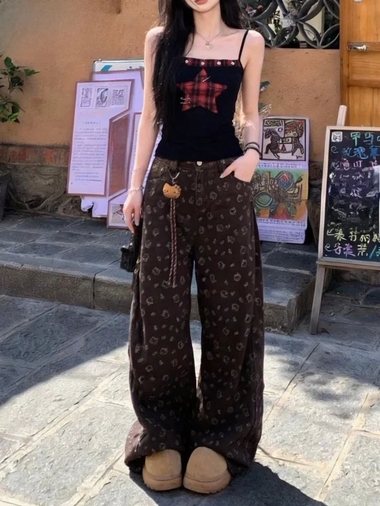 

Slimming Kitty Print Curved Knife Jeans Women's Loose Straight Leg Spring 2026 Versatile Wide Leg Pants Natural Waist Zipper ...