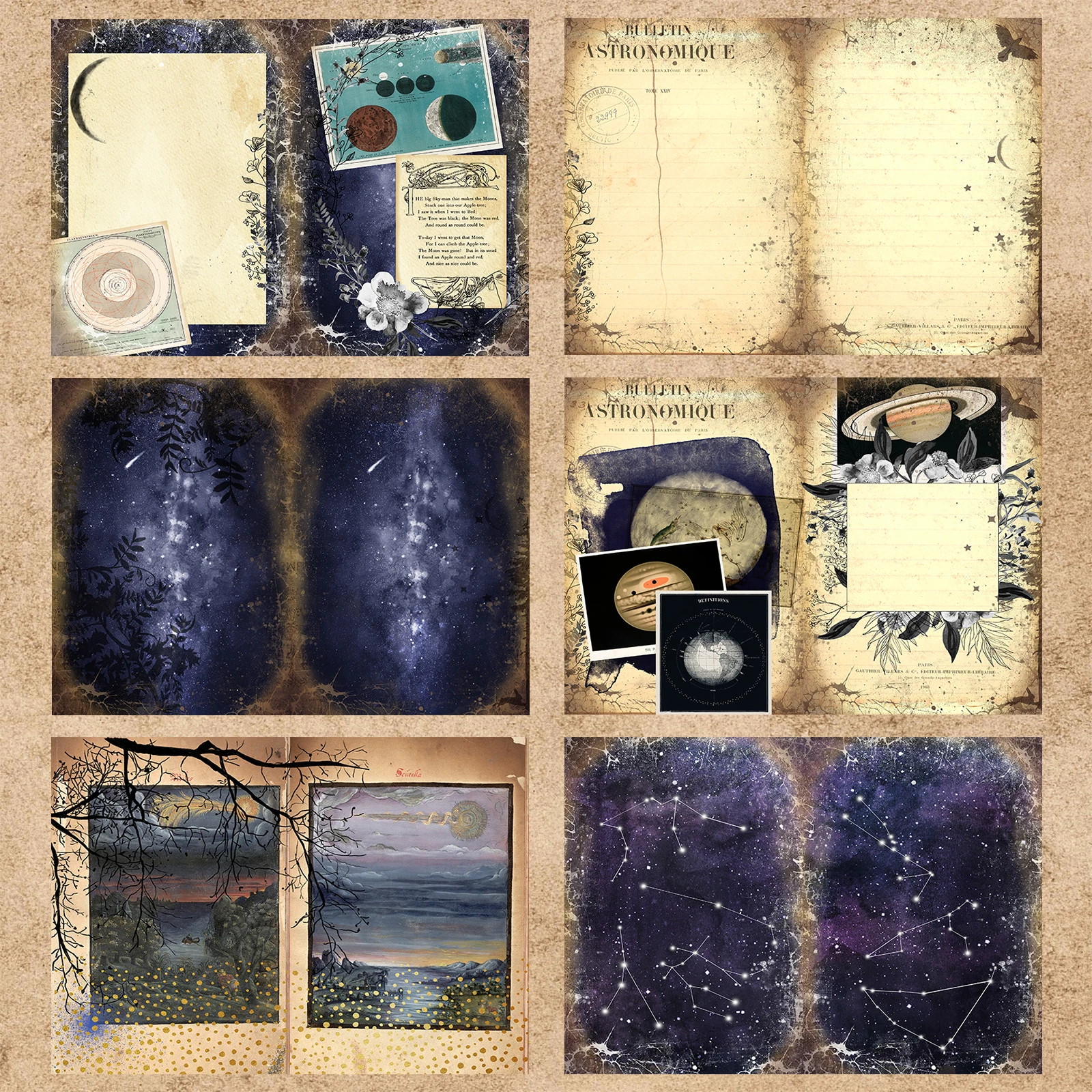 16 Sheets A5 Size Twelve Constellations Universe Stars Planets Background Vintage Grunge Journal Planning Scrapbooking