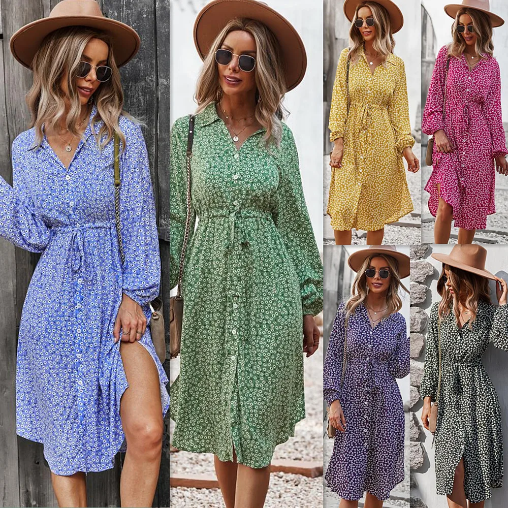 New Fashion Women Summer Dress Flowers Floral Print High Waist Vintage A-Line Dress Sexy Single-Breasted Boho Midi Long Dresses