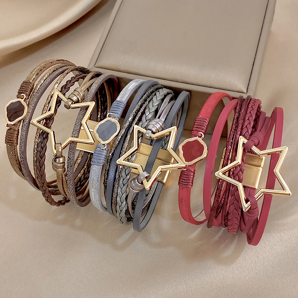 ALLYES Vintage Armband aus gewebtem Leder mit ausgehöhltem Stern für Damen, klobiges Boho-Mehrschicht-Armband, breites Wickelarmband, Charm-Schmuck – Detail 16