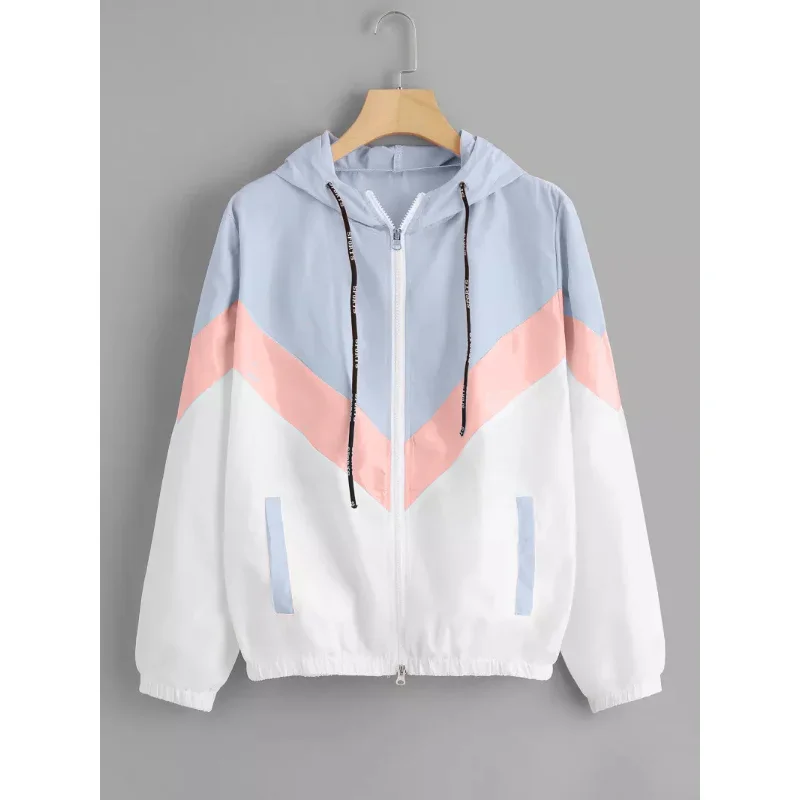

Fashion Hooded Windbreaker Jacket Women Elegant Color Block Patchwork Zipper Bomber Jacket Autumn Casual Coat Outerwear Raincoat