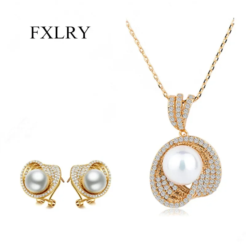 

FXLRY Роскошные серьги-гвоздики цвета шампанского золотого цвета с имитацией жемчуга, ожерелье с подвеской для женщин, невесты, свадебные комплекты ювелирных изделий