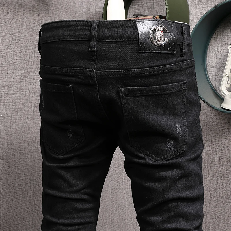 Fashion Streetwear Men Jeans Black Elastic Slim Fit Destroyed Hole Ripped Jeans Men Stretch Trousers Hip Hop Denim Pants Hombre