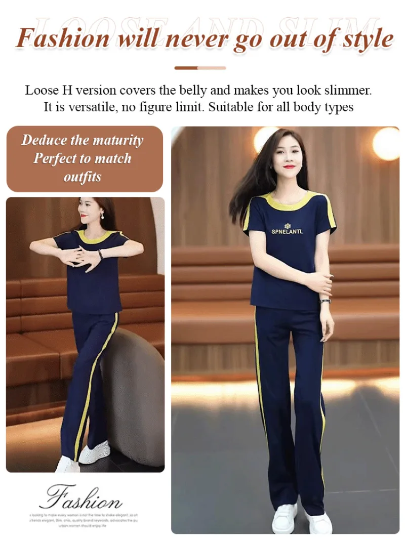 Women\'s summer sports suit thin round neck short sleeve running casual long pants Fashion korean loose and slimming sportswear