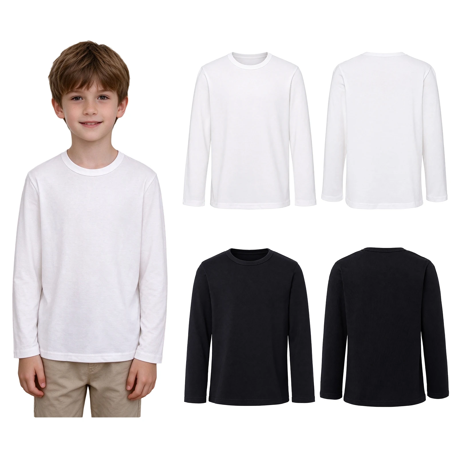 Kids Boys Girls Cotton Tops Crew Neck Long-sleeve Solid-color T-shirt for Casual Daily Life School Park Family Gathering