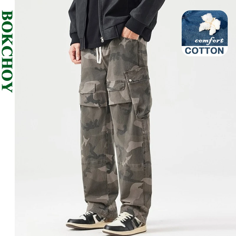 

2025 Autumn New Vintage Multi-pockets Cotton Cargo Pants for Men Clothing Camouflage Comfort Drawstring Male Trousers GF258236