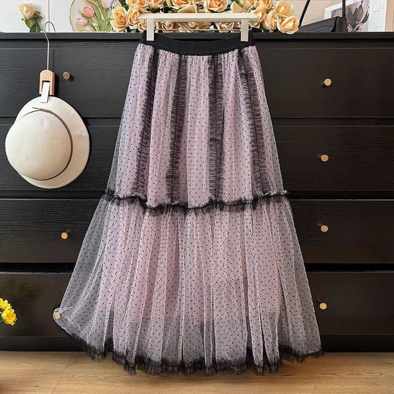 Spring Autumn Fashion Polka Dot Printing Mesh Sheet Skirts Elastic Waist Easy Fit A Line Ruffles Bottom Midi Puffy skirt