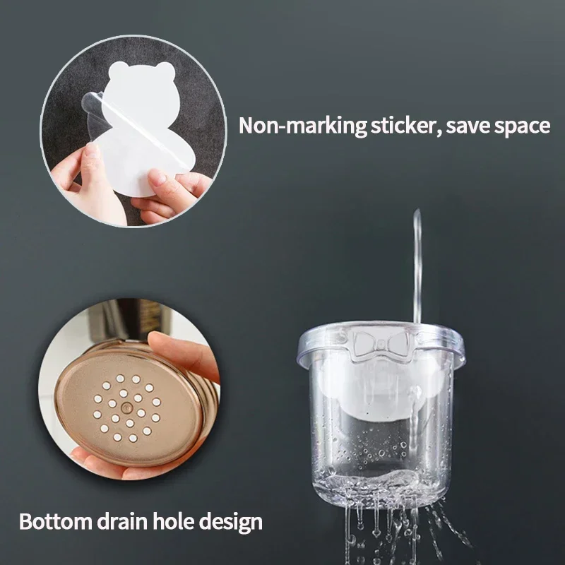 Cute Bear Toothbrush Holder Bathroom Cartoon Wall Mounted Toothpaste Rack Mouthwash Cup Drain Racks Container Organizer