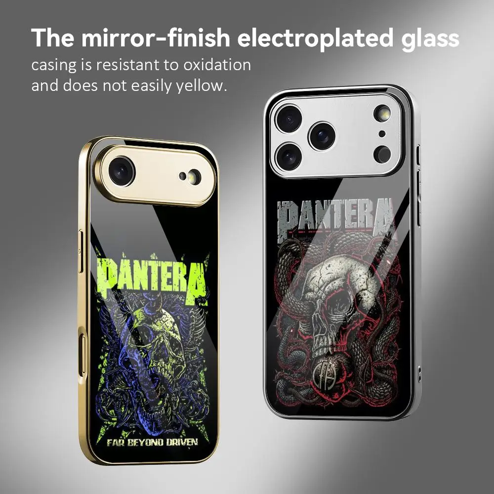 

P-PANTERA Metal Rock Phone Case For iPhone 17 16 15 14 13 12 Pro Max Plus Electroplated Metal Bumper Case Tempered Glass Back