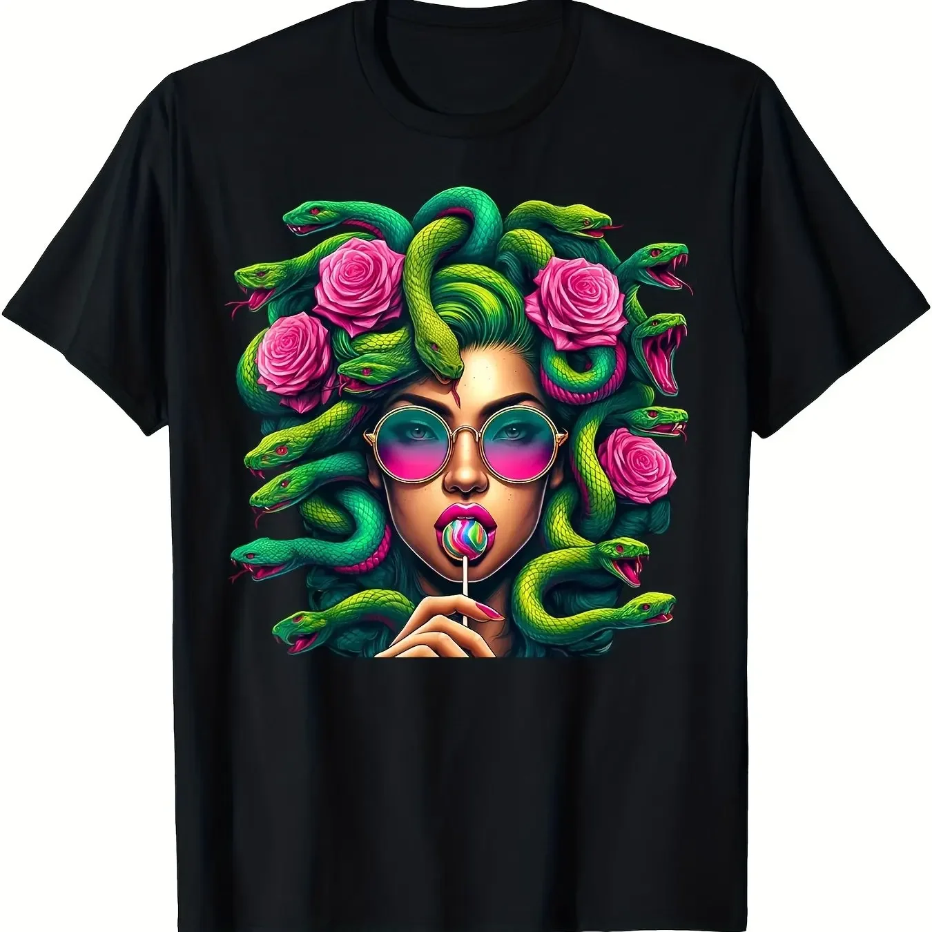 Medusa with Sunglasses and Lollipop T-Shirt Colorful Snake Hair and Roses Graphic Tee for Women Trendy Streetwear Black Top Tee