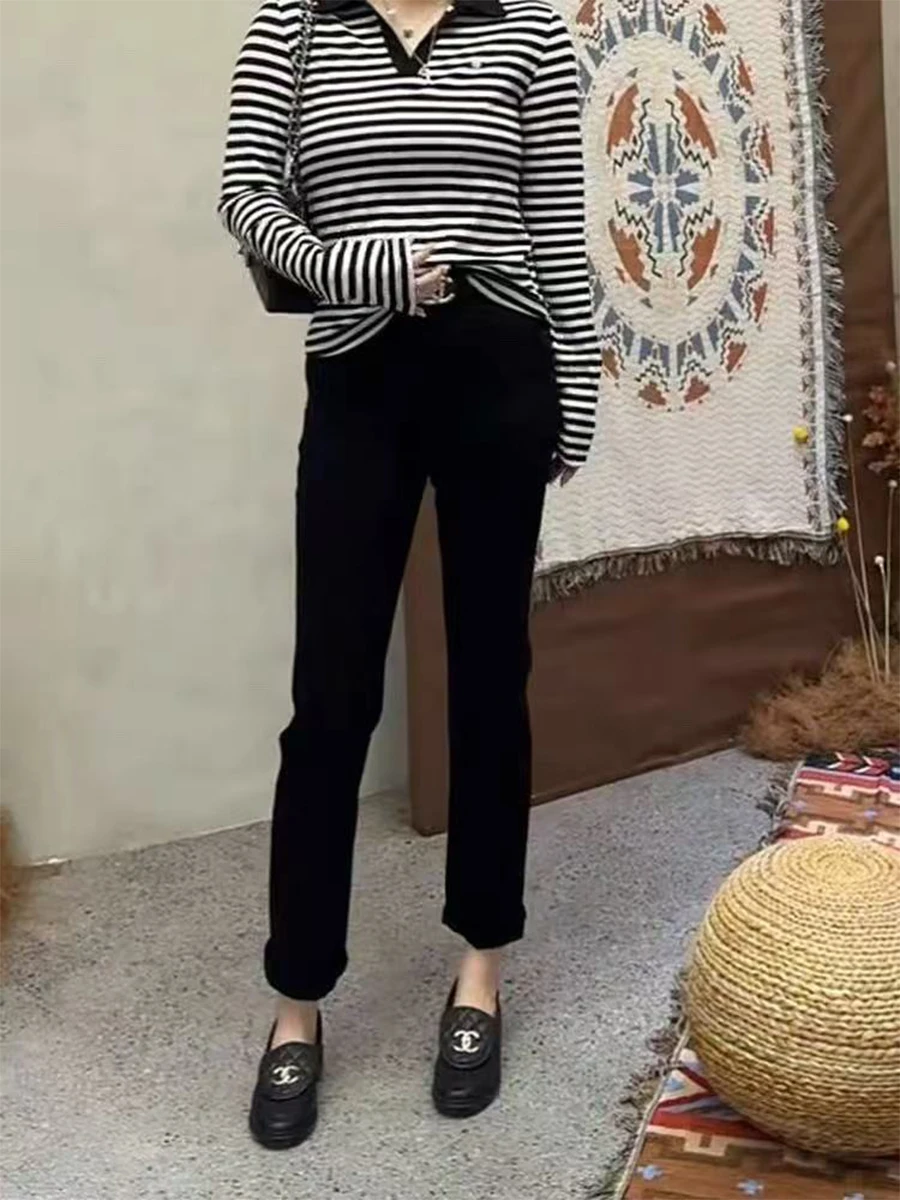 

Большие размеры, эластичные джинсовые джинсы с высокой талией, женские прямые брюки для похудения, девять трубок, осень-зима, повседневные хлопковые эластичные брюки