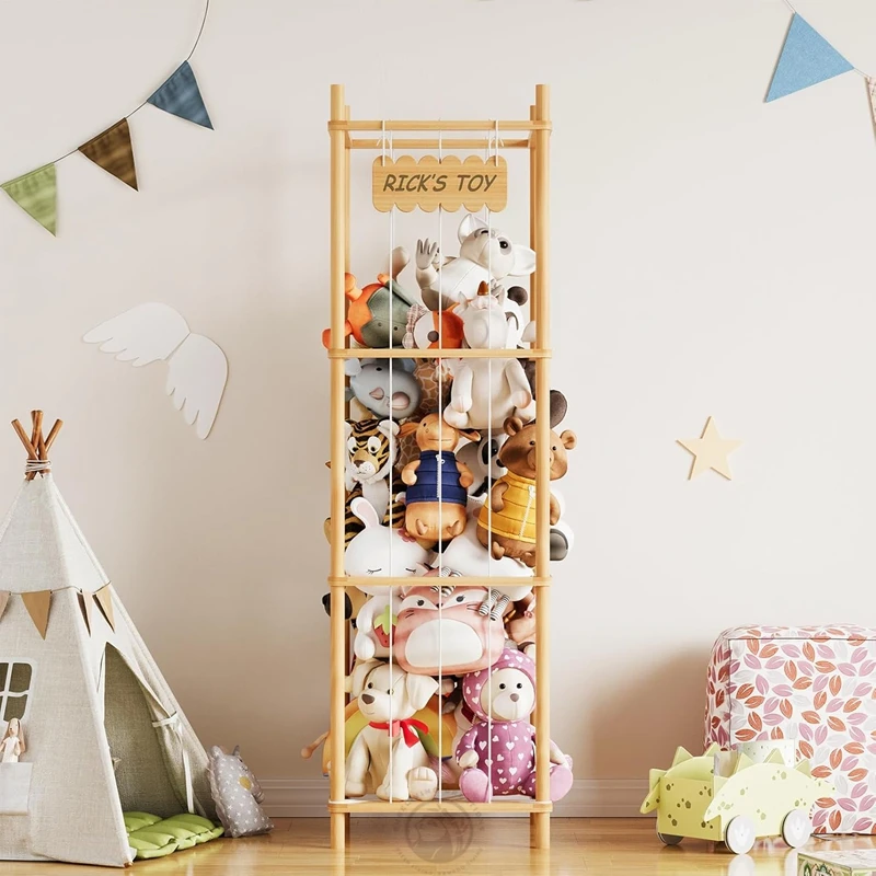 Bamboo eco-friendly four-layer modern plush animal storage box plush toy rack large capacity children's toy storage cage