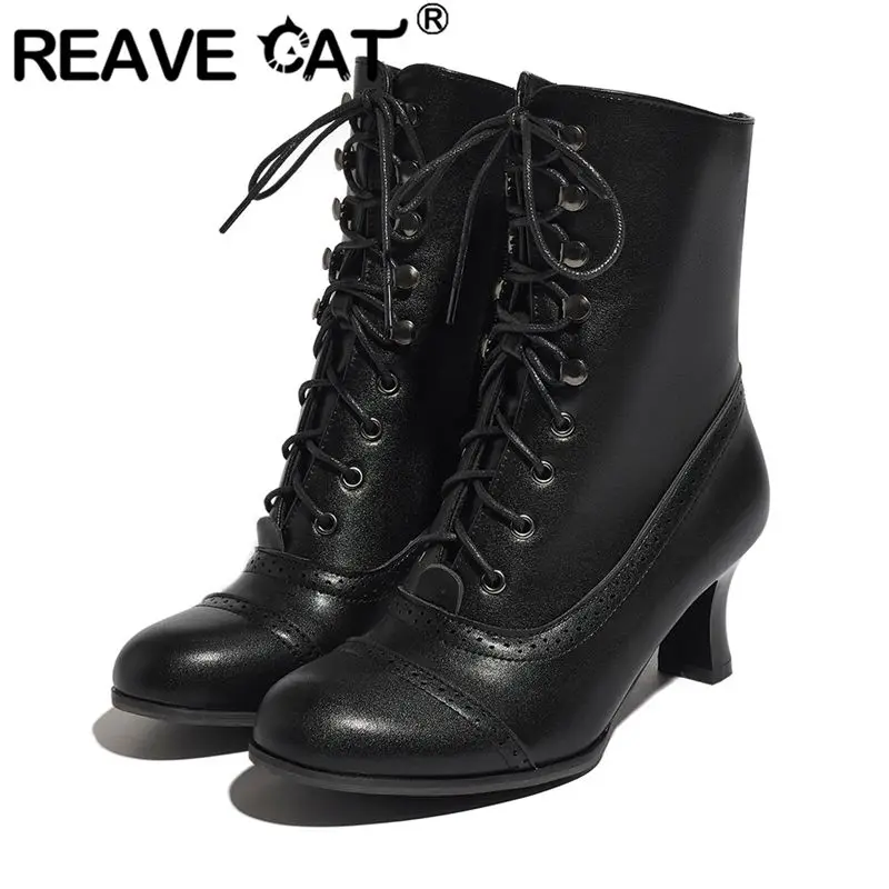 

REAVE CAT Женская обувь с низким вырезом в стиле ретро, классические ботильоны с круглым носком на массивном каблуке 6 см, большой размер 41 42 43