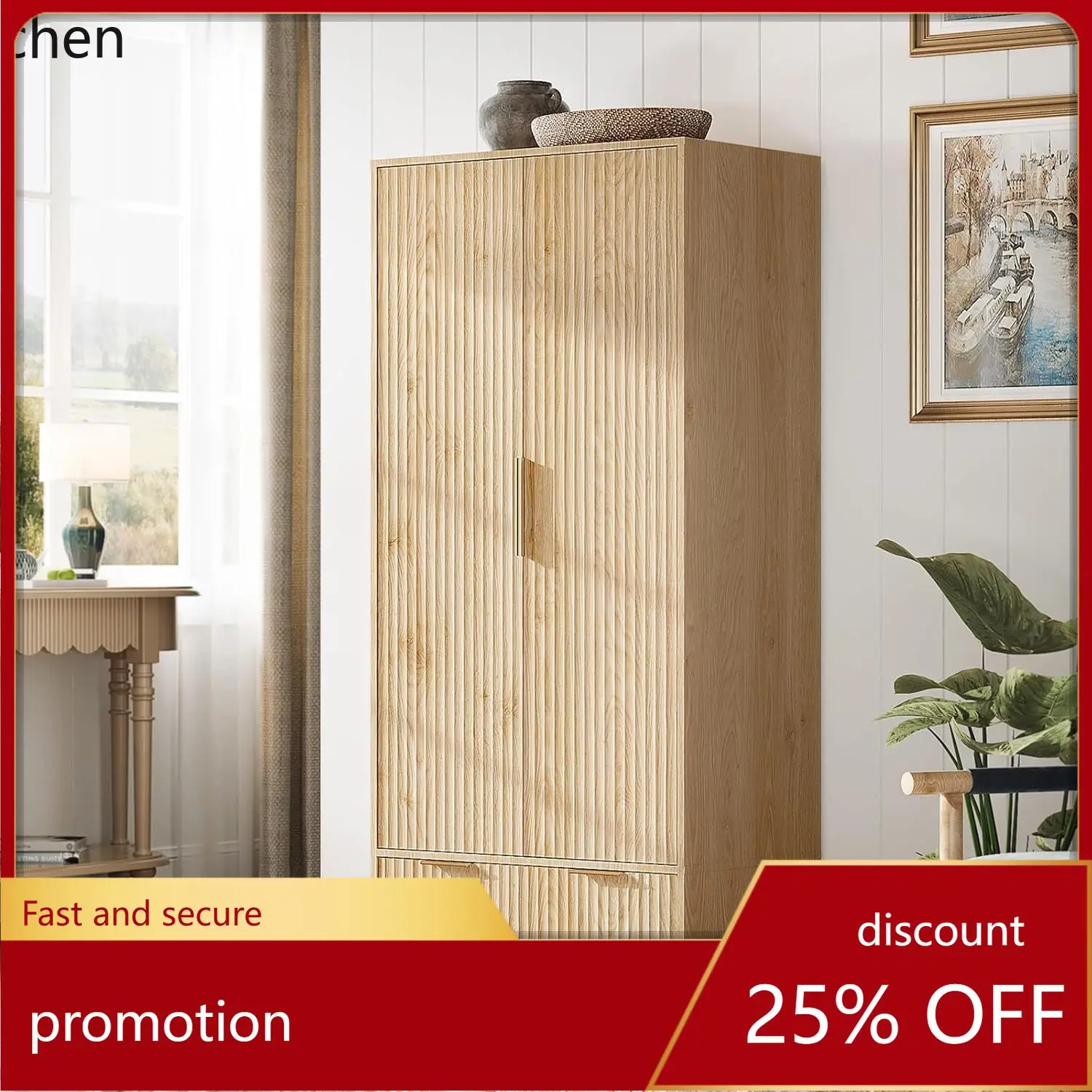 CZ Grooved wardrobe with doors and drawers, wardrobe with hanging rack, bedroom oak freestanding wardrobe with shelves