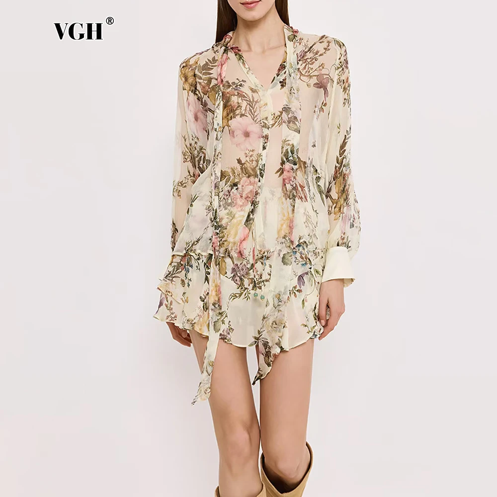 

VGH Colorblock Printing Shorts Suit for Women V Neck Long Sleeve Spliced Lace Up Blouse High Waist Pant Two Piece Set Female New