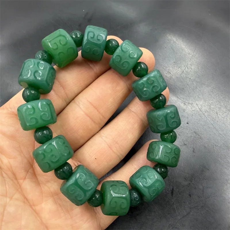 Green Agate Abacus Bead Bracelet with Carved Patterns