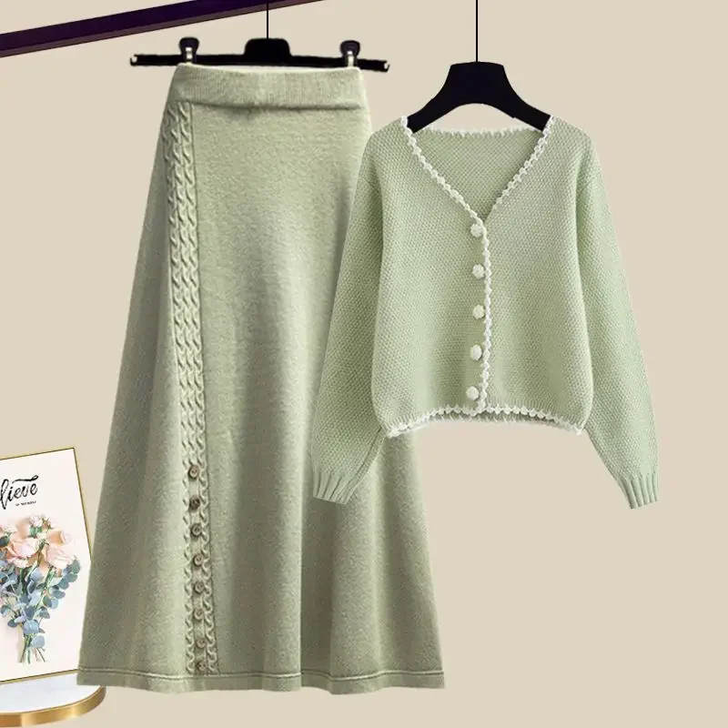 Autumn Winter Women Graceful Green Sweater Cardigan Knit Midi Skirts 1 or Two Piece Set Lady Falls New Knitwear Clothing Outfits