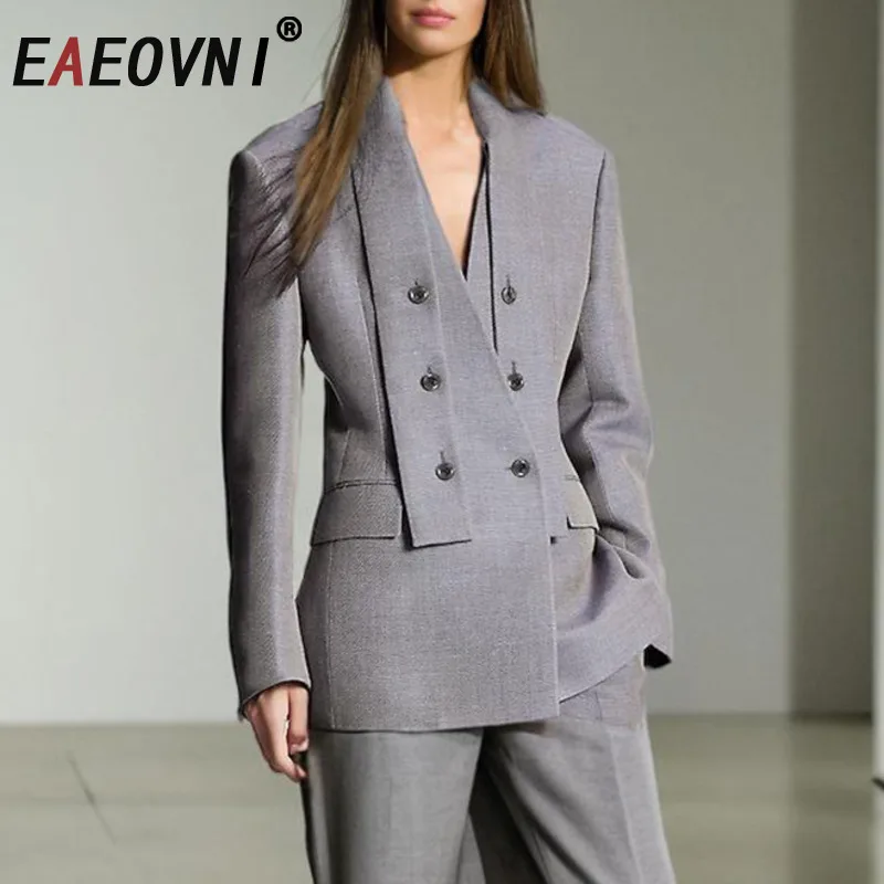 

EAEOVNI Fashion Patchwork Design Suit Blazer V Neck Double Breasted Button Gray Jackets Office Lady 2025 New Clothing 1A766