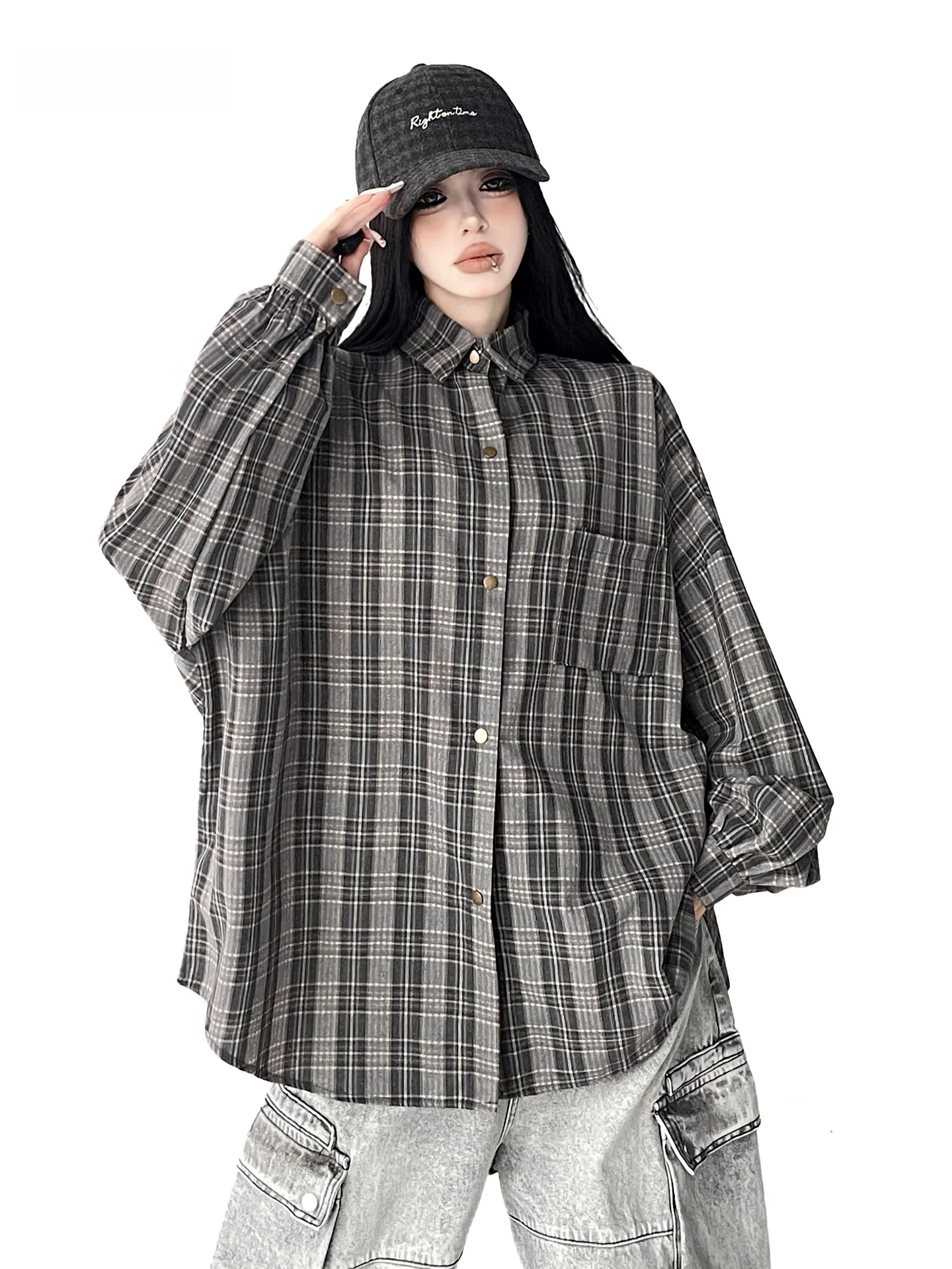 

Женская повседневная свободная рубашка с длинным рукавом в корейском винтажном стиле, в клетку, модный брендовый топ для школы, трендовая модель ранней весны 2026 года