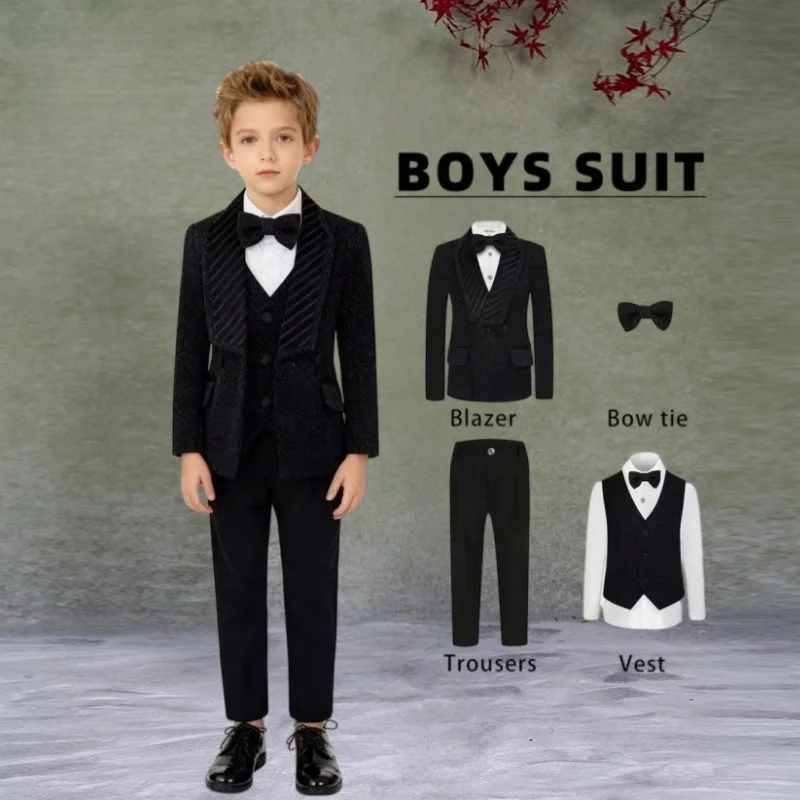 Boys Black Suit Set Page Boy Wedding Outfit Kids Birthday Photography Outfit Children's Graduation Ceremony Performance Costume
