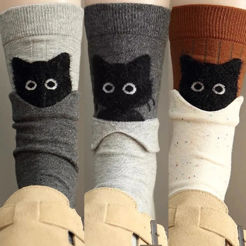 2025 الخريف جميل الكرتون الأسود القط طباعة لصق جورب المرأة أفخم الدافئة القطن منتصف العجل الجوارب اليابانية بسيطة اليومية جوارب يمكن السير بها على الأرض #2