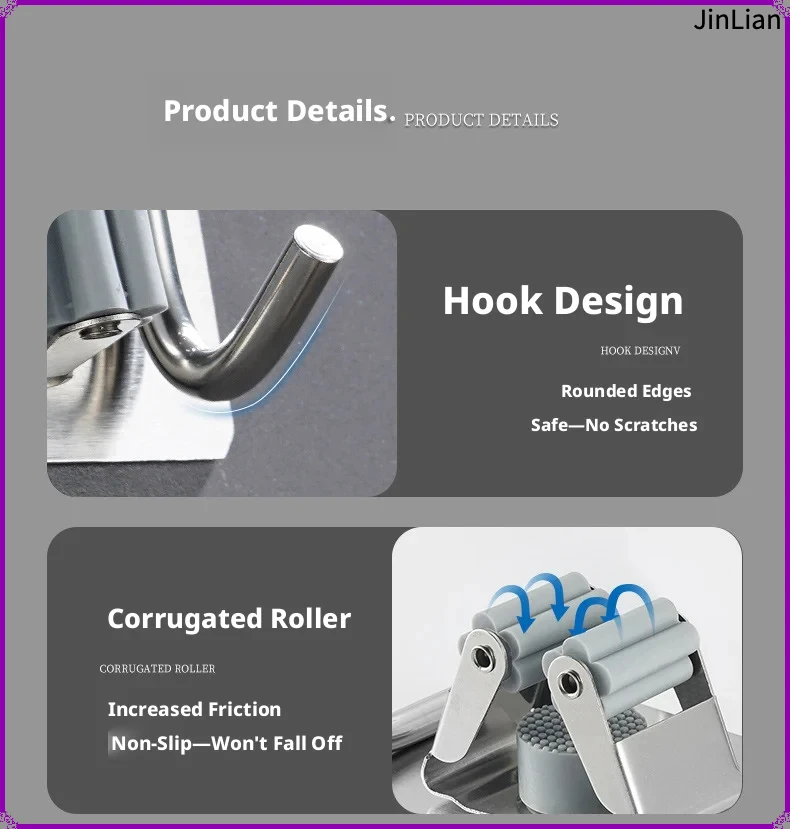 No Drill Wall Mount Mop Holder 304 Stainless Steel Mop Broom Clip Punch-Free Bathroom Kitchen Cleaning Tool Storage Rack 2 Pack