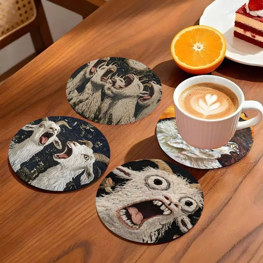 Spooky Goat Face Coasters 10cm Round Wooden Suitable For Drinks Tea Coffee Home Gift Choice Holidays