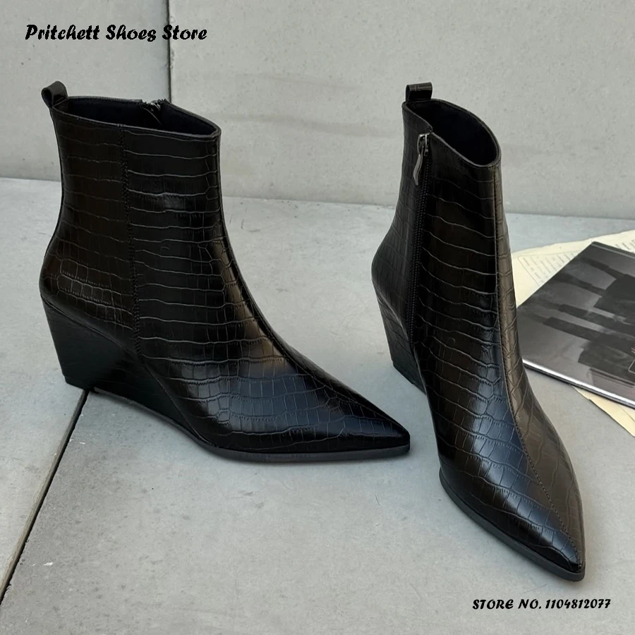 

Women's Crocodile Embossed Booties Spring Autumn Side Zipper Plus Size Casual Shoes Pointed Toe High Wedges Leather Ankle Boots