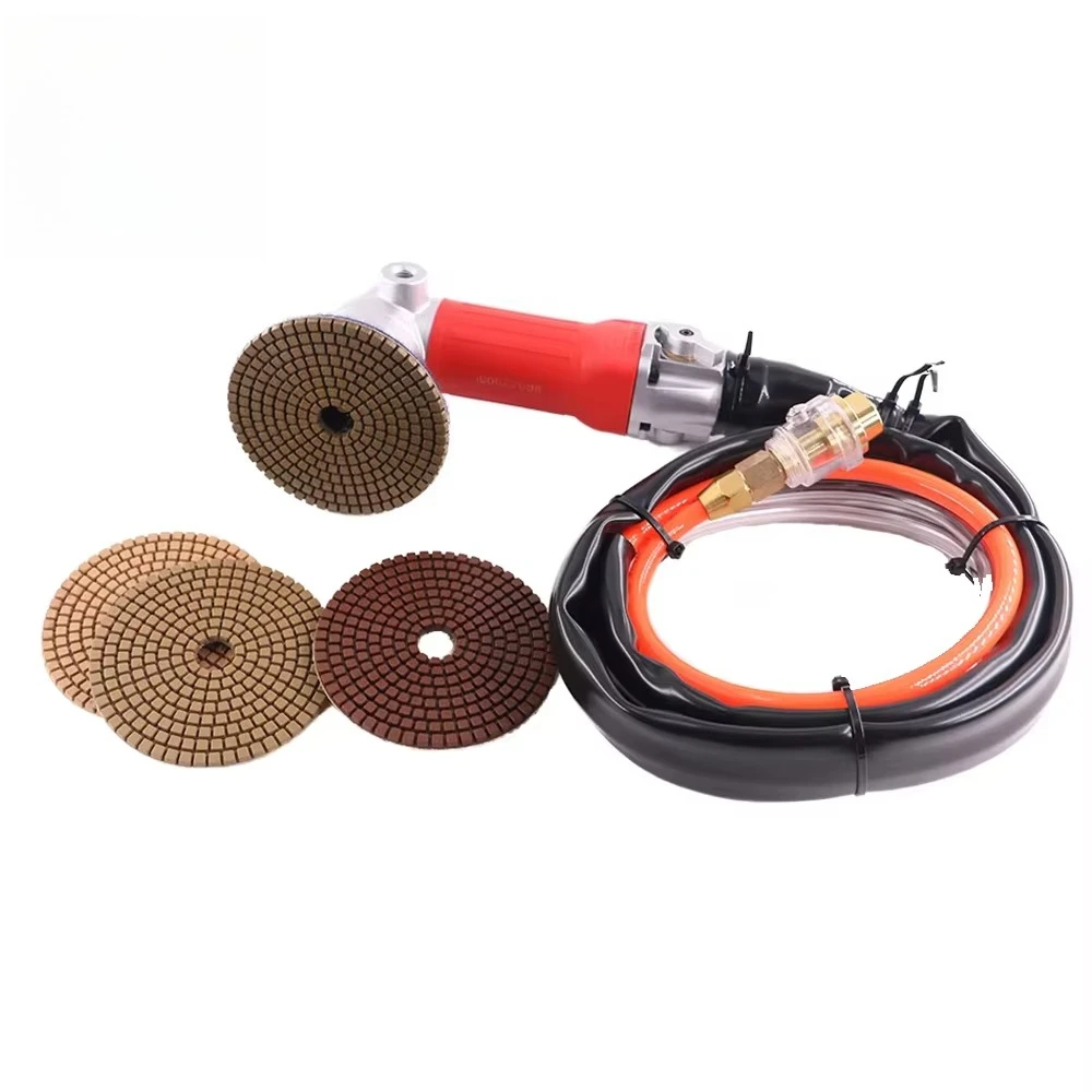 Portable pneumatic wet air polisher with rear exhaust for stone polishing, marble, granite