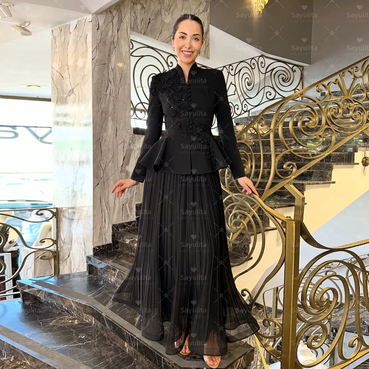 Sayulita 2-Pieces فساتين لحضور الحفلات الموسيقية مطرز زين كم طويل فستان الحفلات المسائية الطيات Vestidos Des Fiesta مخصص