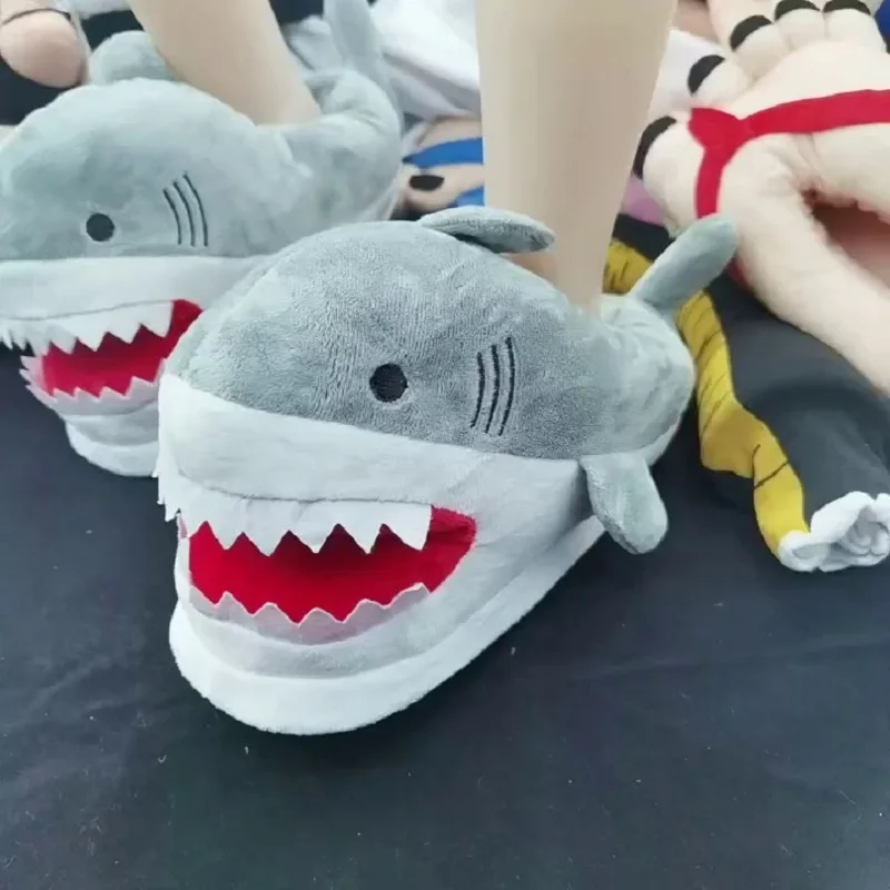 Feerldi girls boys shark winter slippers woman cartoon anime slip on shark slides female shoe open mouth fish cotton shoes
