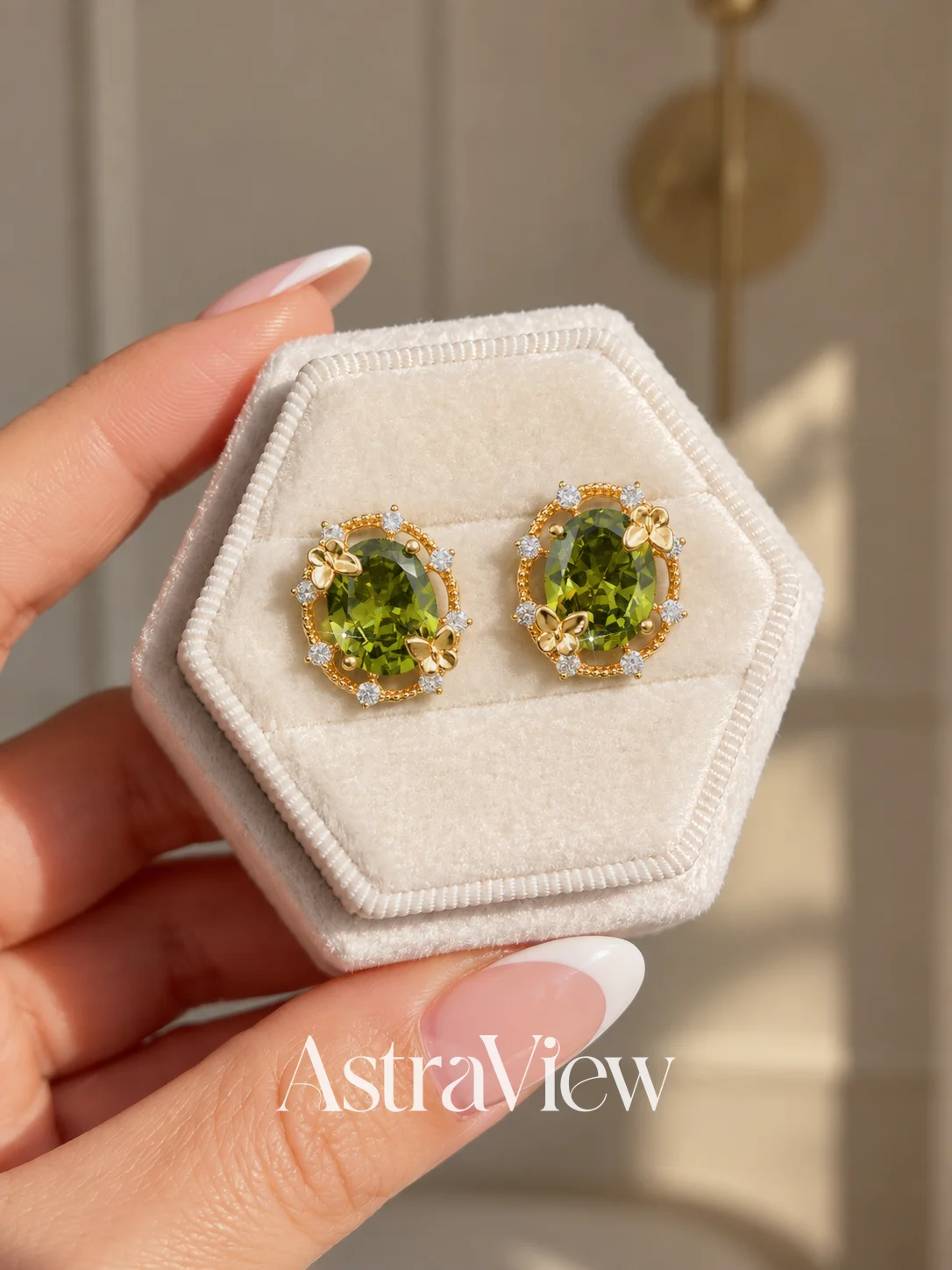 ASTRAVIEW French Butterfly Stud Earrings, Olive Green Zirconia, Openwork Design for Women, Wedding Bridal Jewelry, Gift