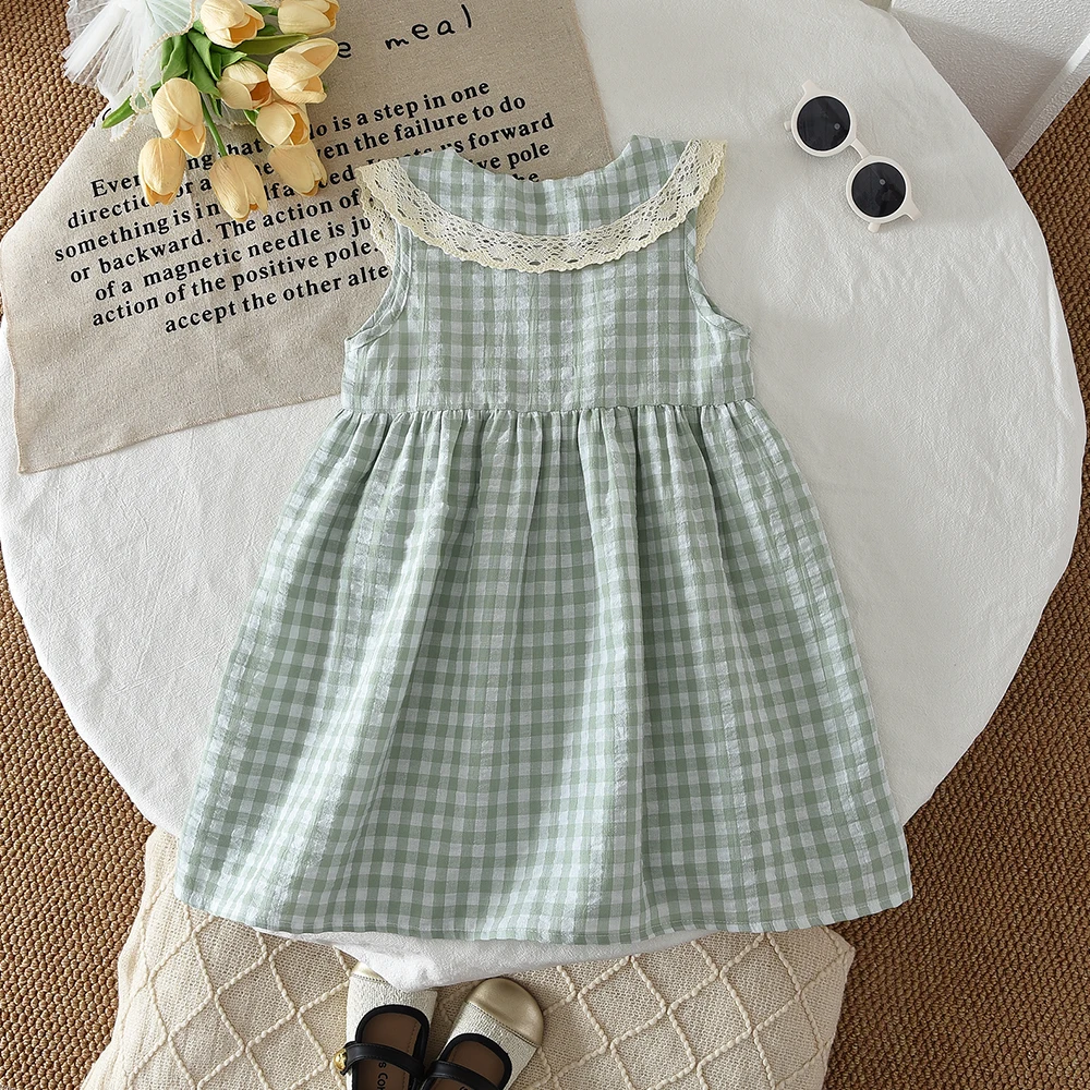 Casual Landschaft Stil Sommer Neue Spitze Revers Ärmelloses Plaid Kleid für Mädchen Süße Kleidung Koreanische Version – Detail 22
