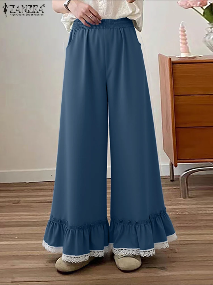 Fashion Lace Pantchwork Wide Leg Pants 2025 Women Elastic Waist Trousers Solid Casual Loose Ruffled Pleated Flare Pants ZANZEA