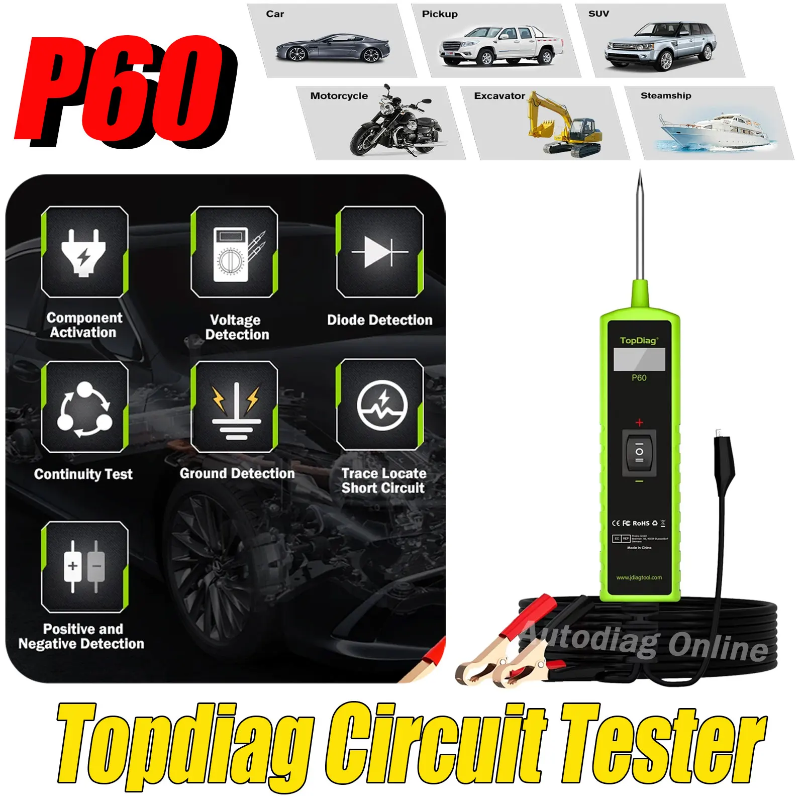 

Topdiag P60 Pro Automotive Circuit Tester Pen 12V Car Diagnostic Scanner Electric System Tester Motorcycle Circuit Analyzer Tool