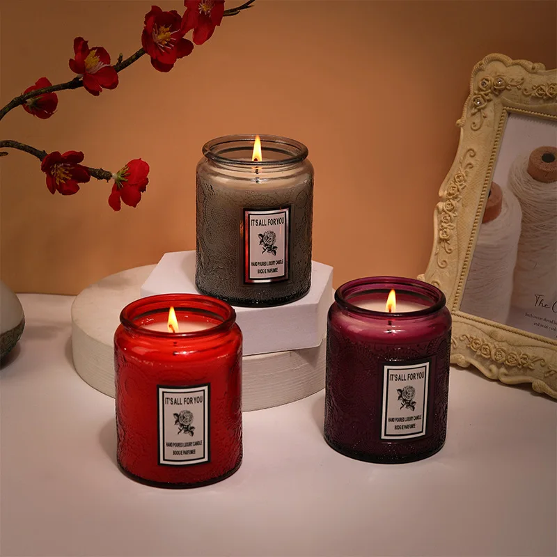 Embossed bottle soybean scented candle household indoor premium sense lasting fragrance birthday wedding